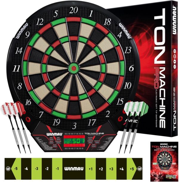 Winmau Ton Machine Electronic Dart Board - Soft Tip Dartboard for Adults, Dart Board Set with 90+ Games & Digital Scoreboard for 8 Players - 2 Sets of Soft Tip Darts, Throwing Line & Plastic Tips