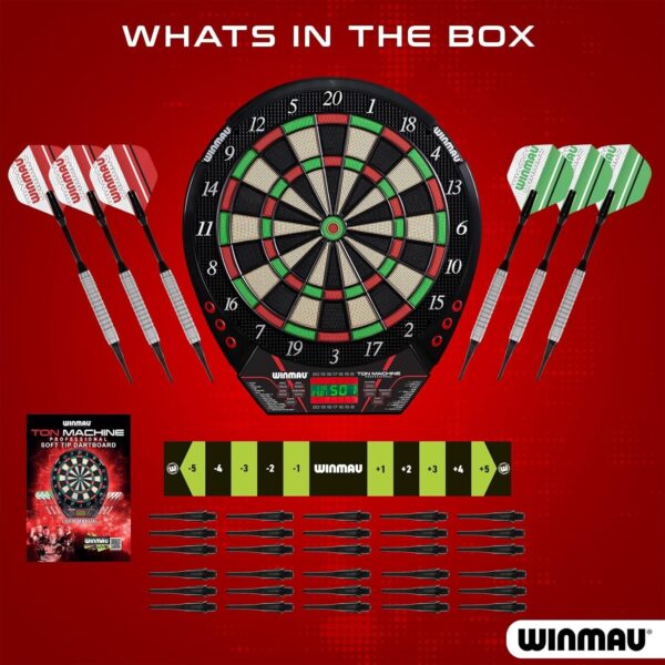Winmau Ton Machine Electronic Dart Board - Soft Tip Dartboard for Adults, Dart Board Set with 90+ Games & Digital Scoreboard for 8 Players - 2 Sets of Soft Tip Darts, Throwing Line & Plastic Tips - Image 2