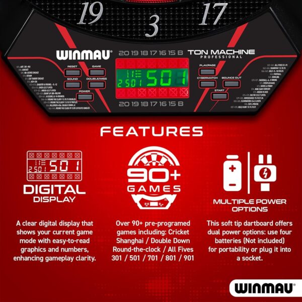 Winmau Ton Machine Electronic Dart Board - Soft Tip Dartboard for Adults, Dart Board Set with 90+ Games & Digital Scoreboard for 8 Players - 2 Sets of Soft Tip Darts, Throwing Line & Plastic Tips - Image 3