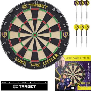 Target Darts Player Dartboard Set | Luke Littler/Dimitri Van den Bergh/Gabriel Clemens | Player Edition Dart Board with 2 Sets of Steel Tip Darts, Competition Standard Throw Line | Professional Darts