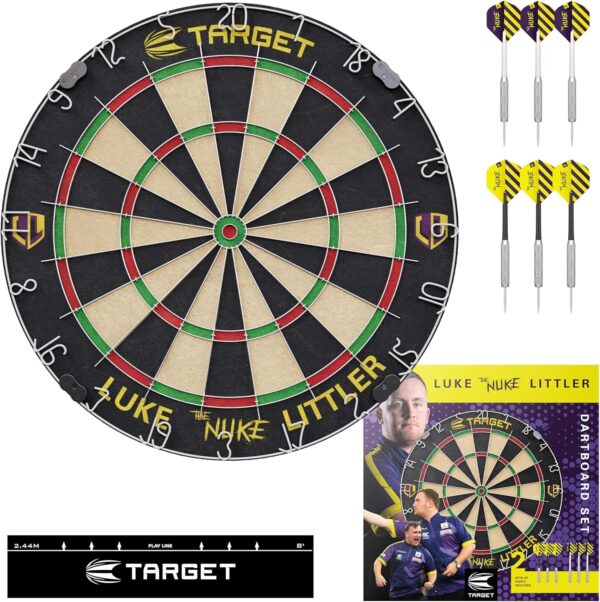 Target Darts Player Dartboard Set | Luke Littler/Dimitri Van den Bergh/Gabriel Clemens | Player Edition Dart Board with 2 Sets of Steel Tip Darts, Competition Standard Throw Line | Professional Darts