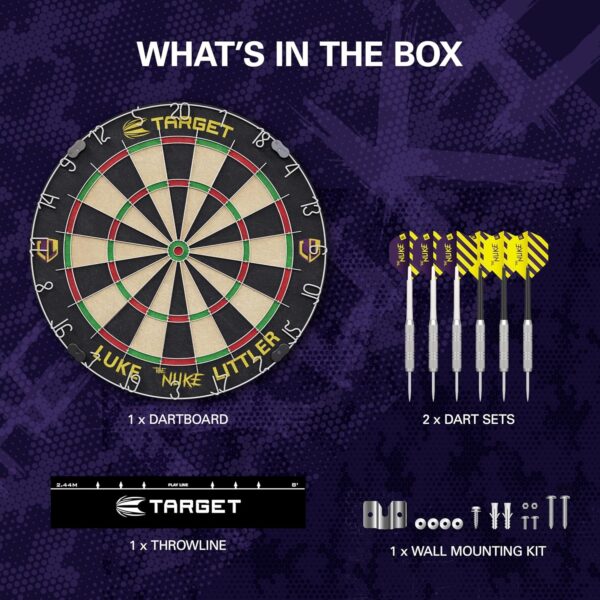 Target Darts Player Dartboard Set | Luke Littler/Dimitri Van den Bergh/Gabriel Clemens | Player Edition Dart Board with 2 Sets of Steel Tip Darts, Competition Standard Throw Line | Professional Darts - Image 5